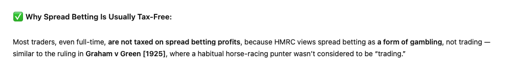 Why spread betting is tax free - chat GPT answer